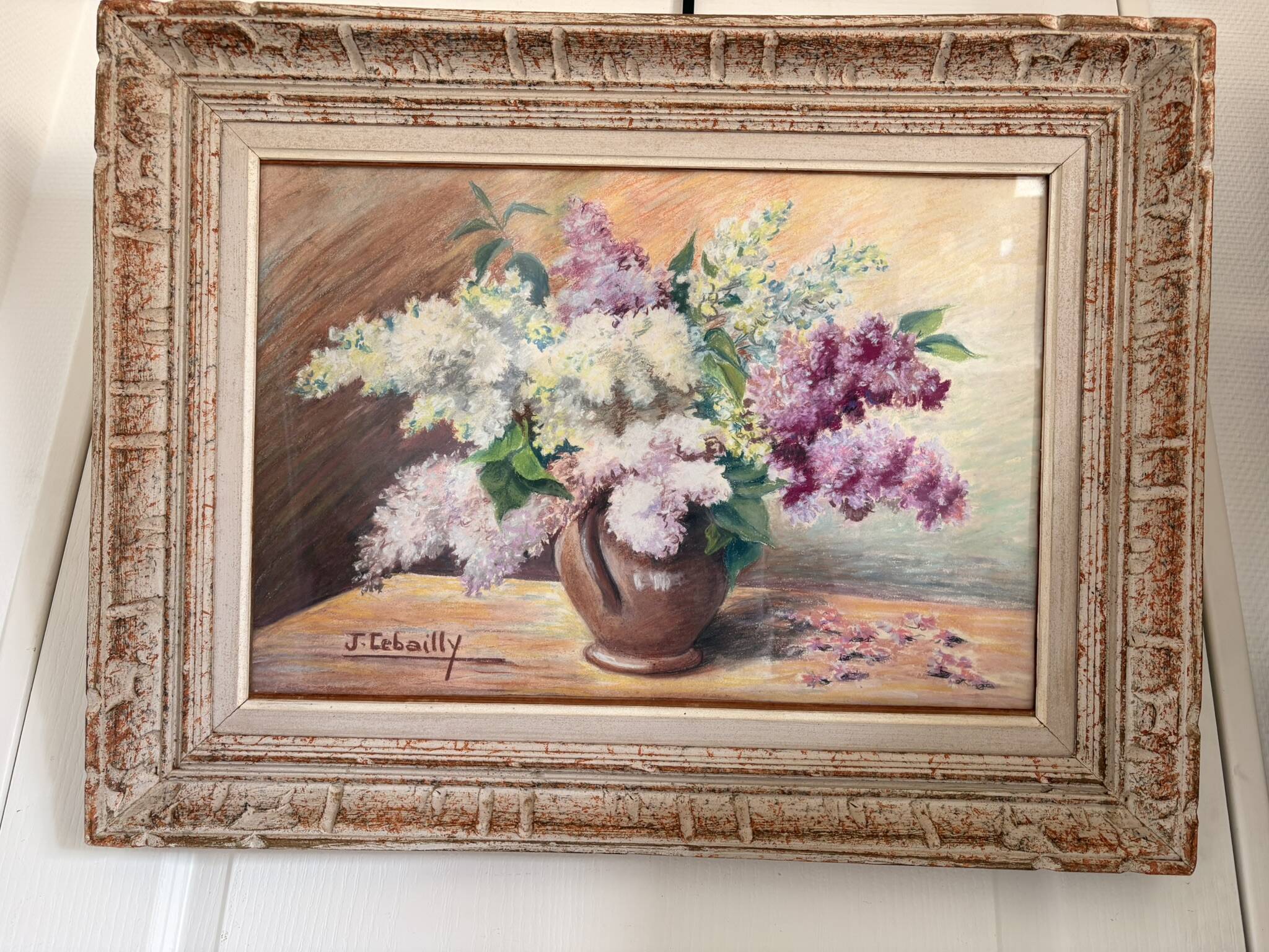 Tableau Drawing Pastel Still Life Lilac Bouquet Flowers Signed Lebailly Enc