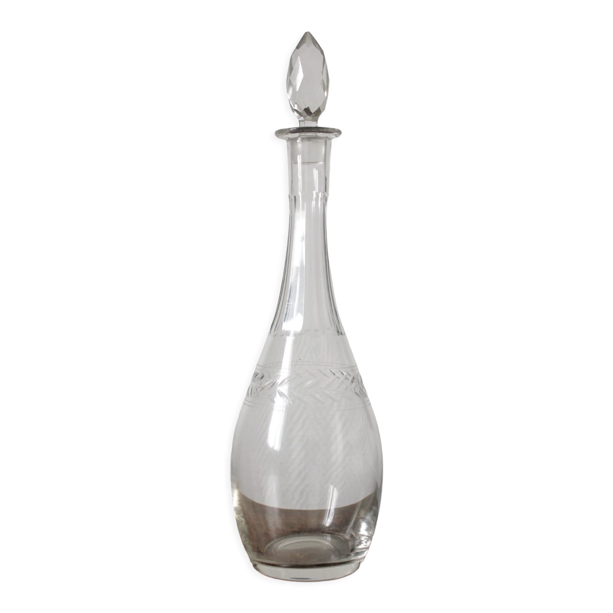 Antique crystal carafe engraved with a laurel leaf frieze