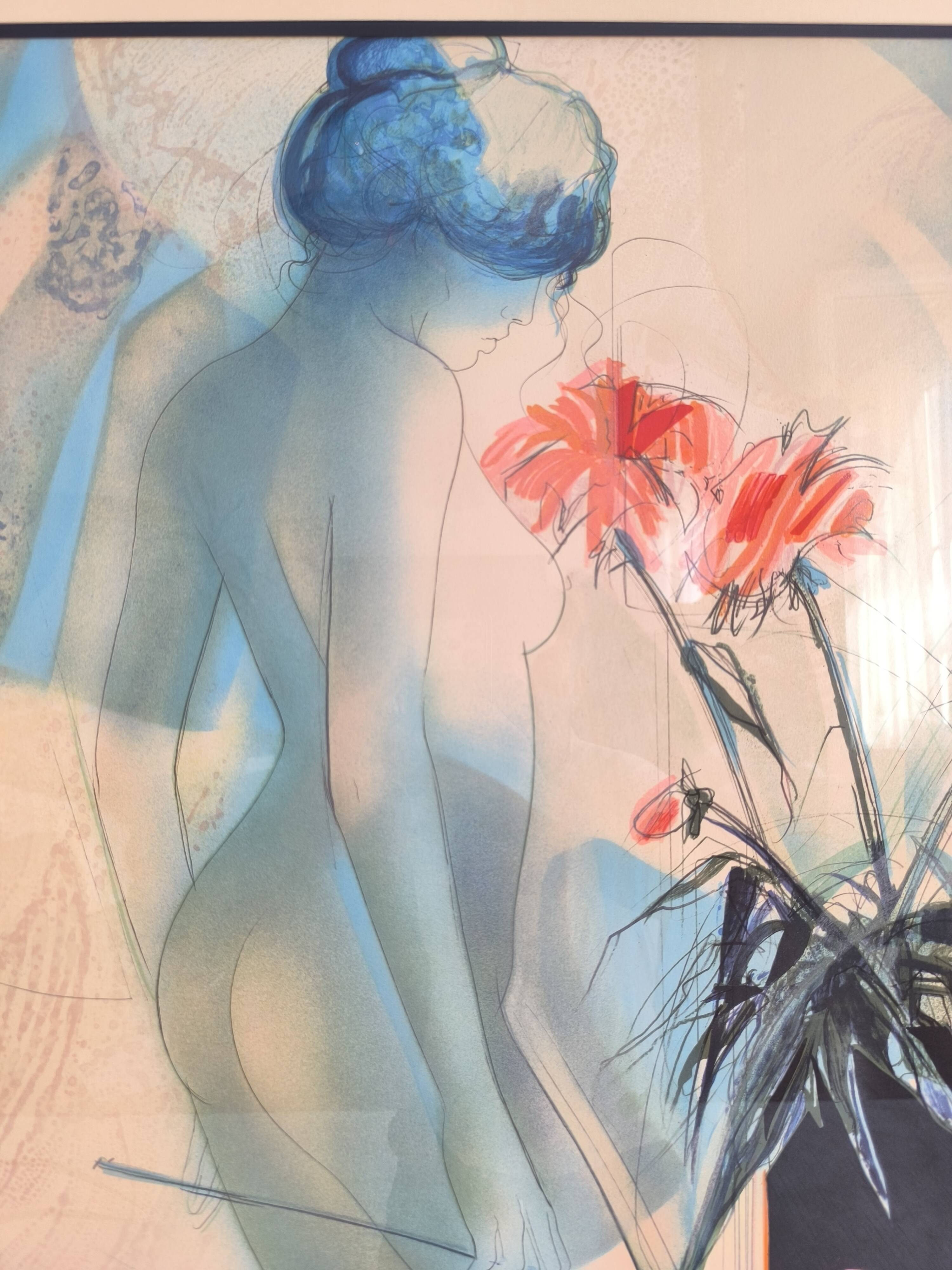 Original signed lithograph ‘’Nude with Dahlias’’ by Jean Baptiste Valadié