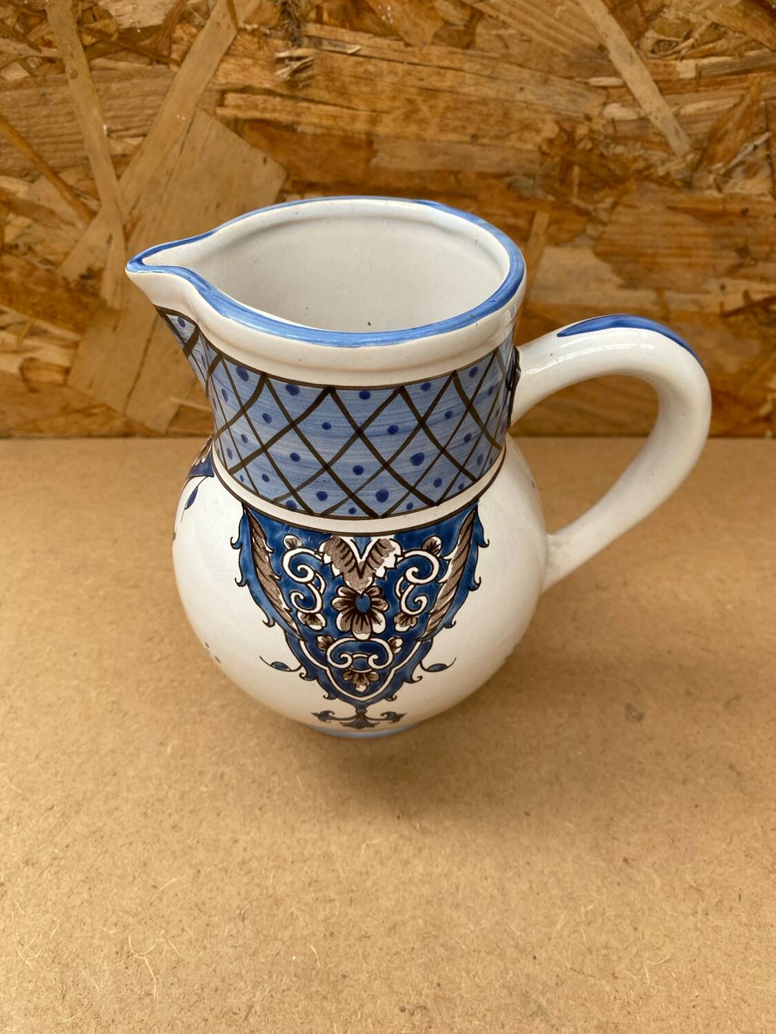 Antique Nevers Style Pitcher White Ceramic Blue Painted Decor Vintage #B630