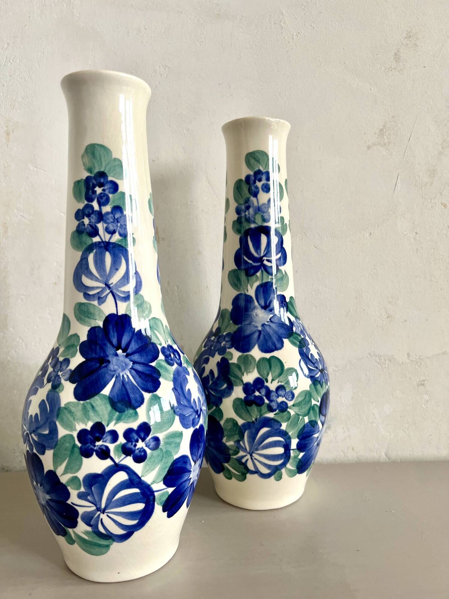 Lot of large Polish ceramic vases with hand-painted blue floral decoration
