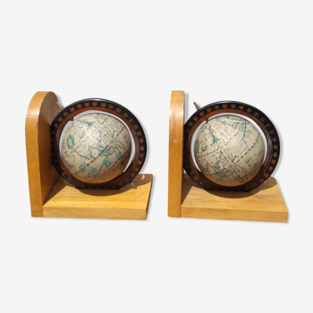 Pair of greenhouses vintage wooden books world map