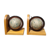 Paire de serres livres vintages en bois mappemonde