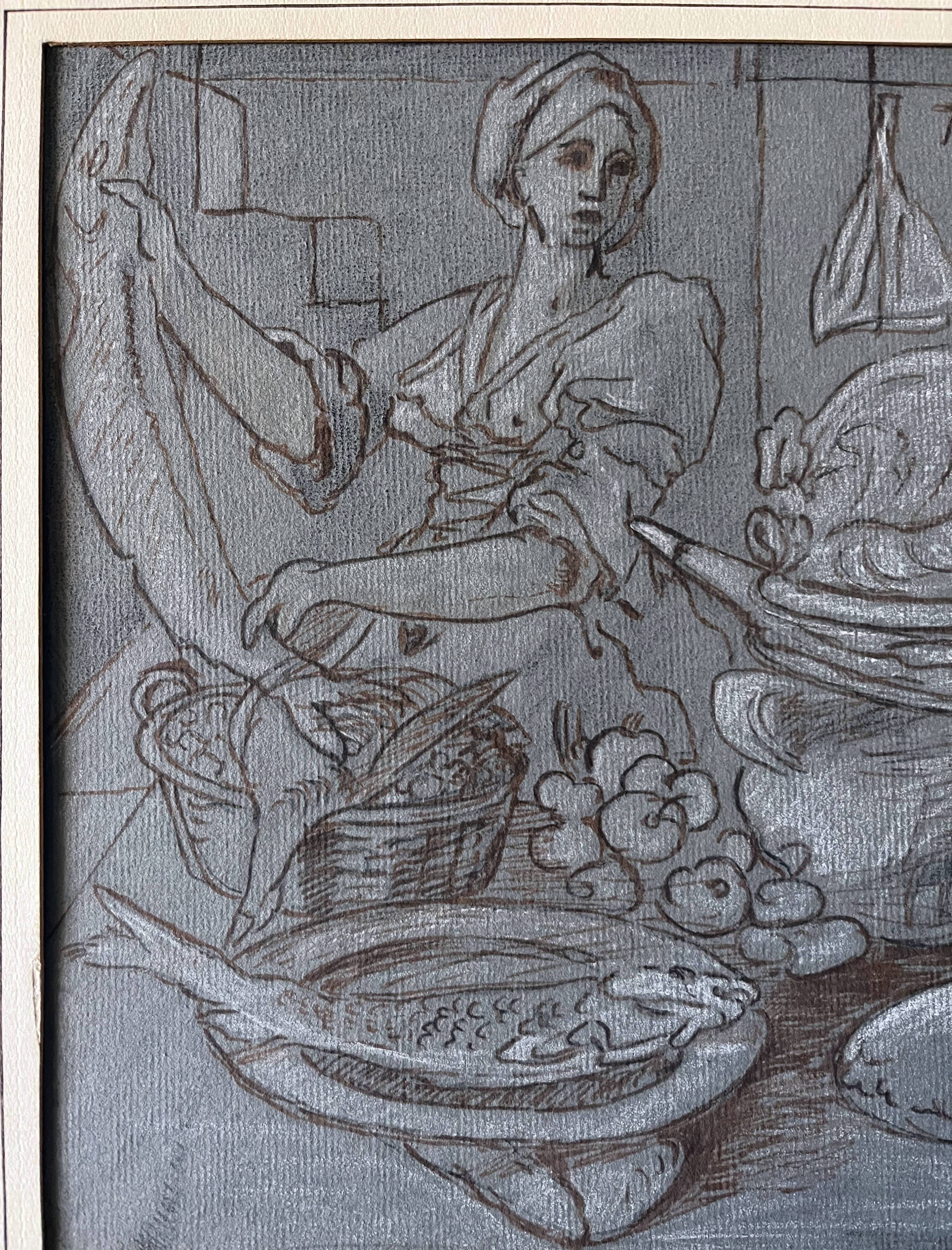 Painting Drawing "Animated Kitchen Scene" After Jeremias van Winghe