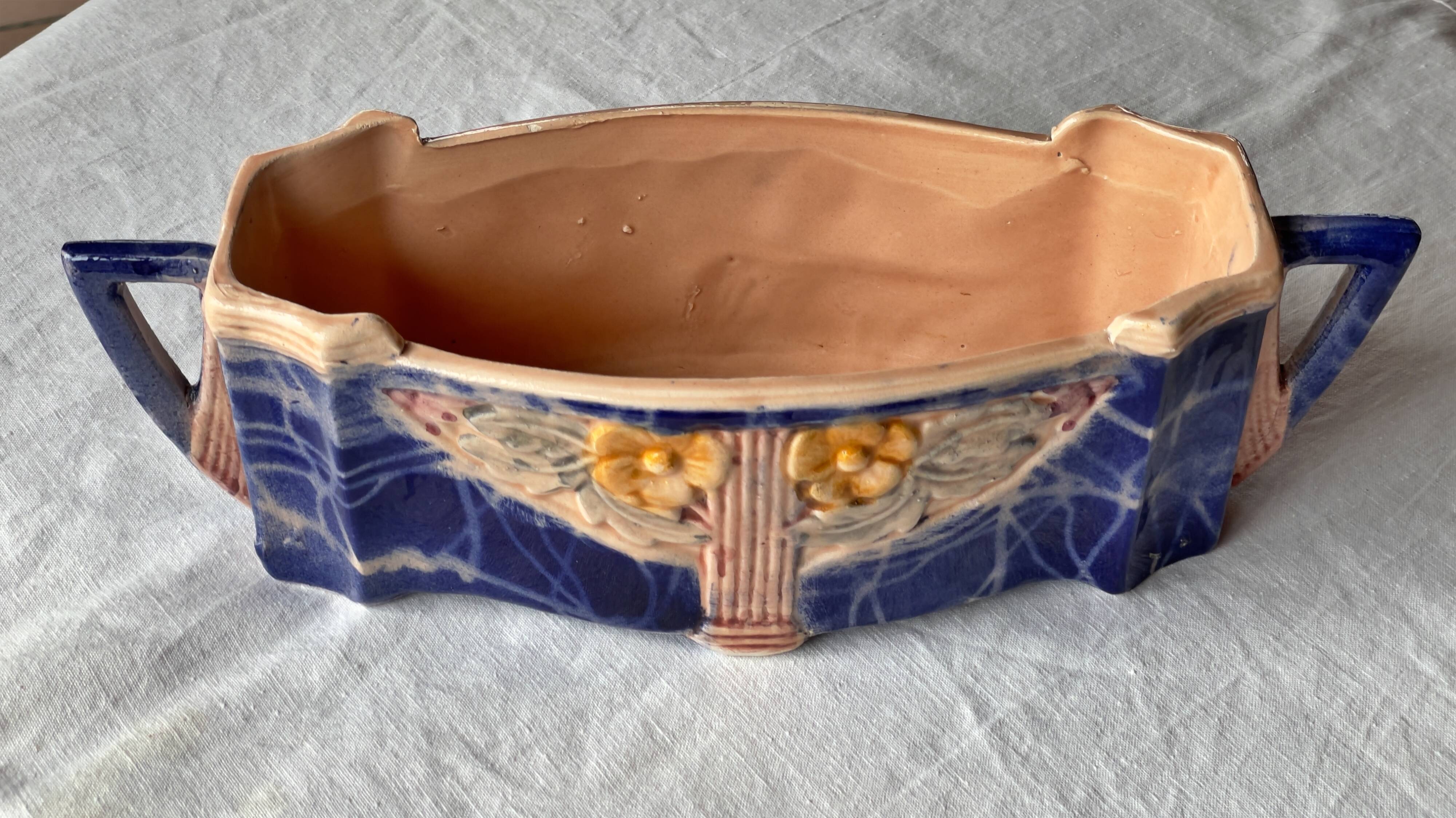 Art Deco ceramic planter or flower pot in polychrome slip 1920
