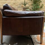 Scandinavian right sofa, vintage design, leather and wood