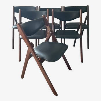 Series of 6 folding scandinavian wooden and skaï chairs from the 50s