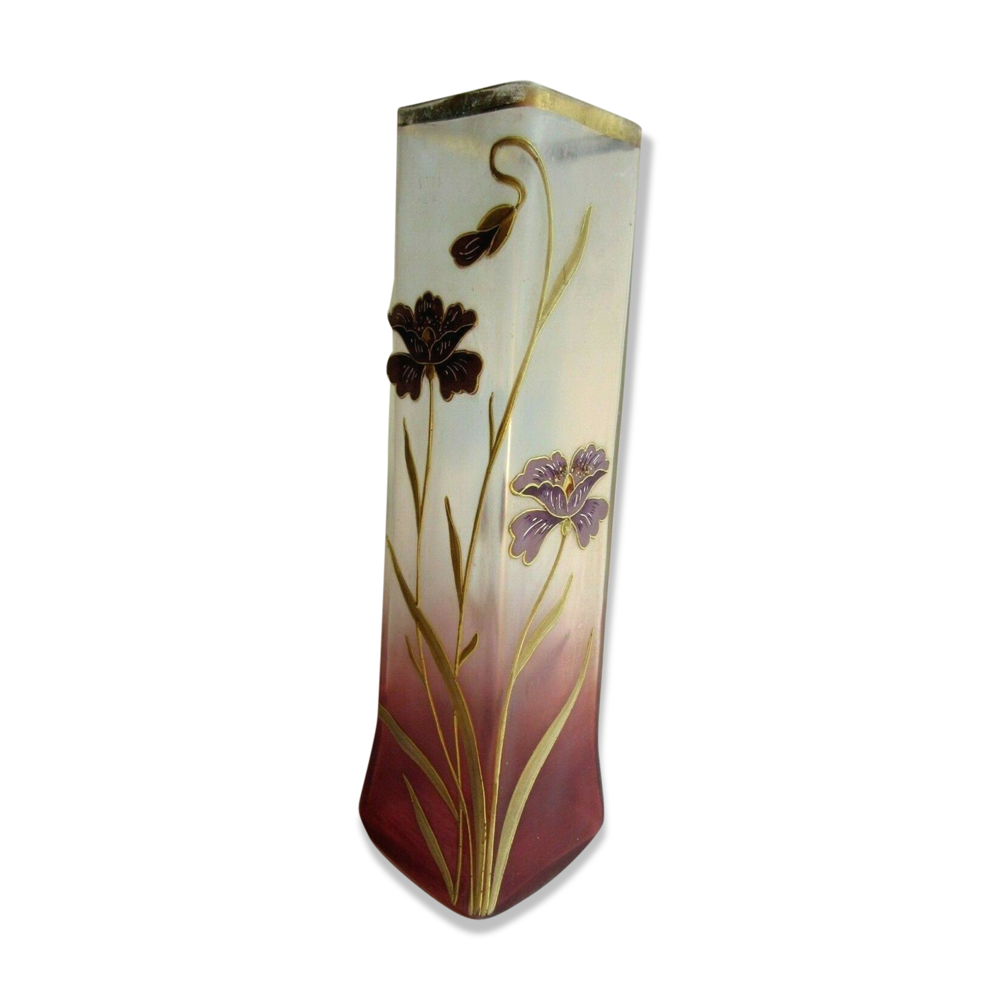 Square and high vase, degraded red, enamelled with art Nouveau stylized poppies