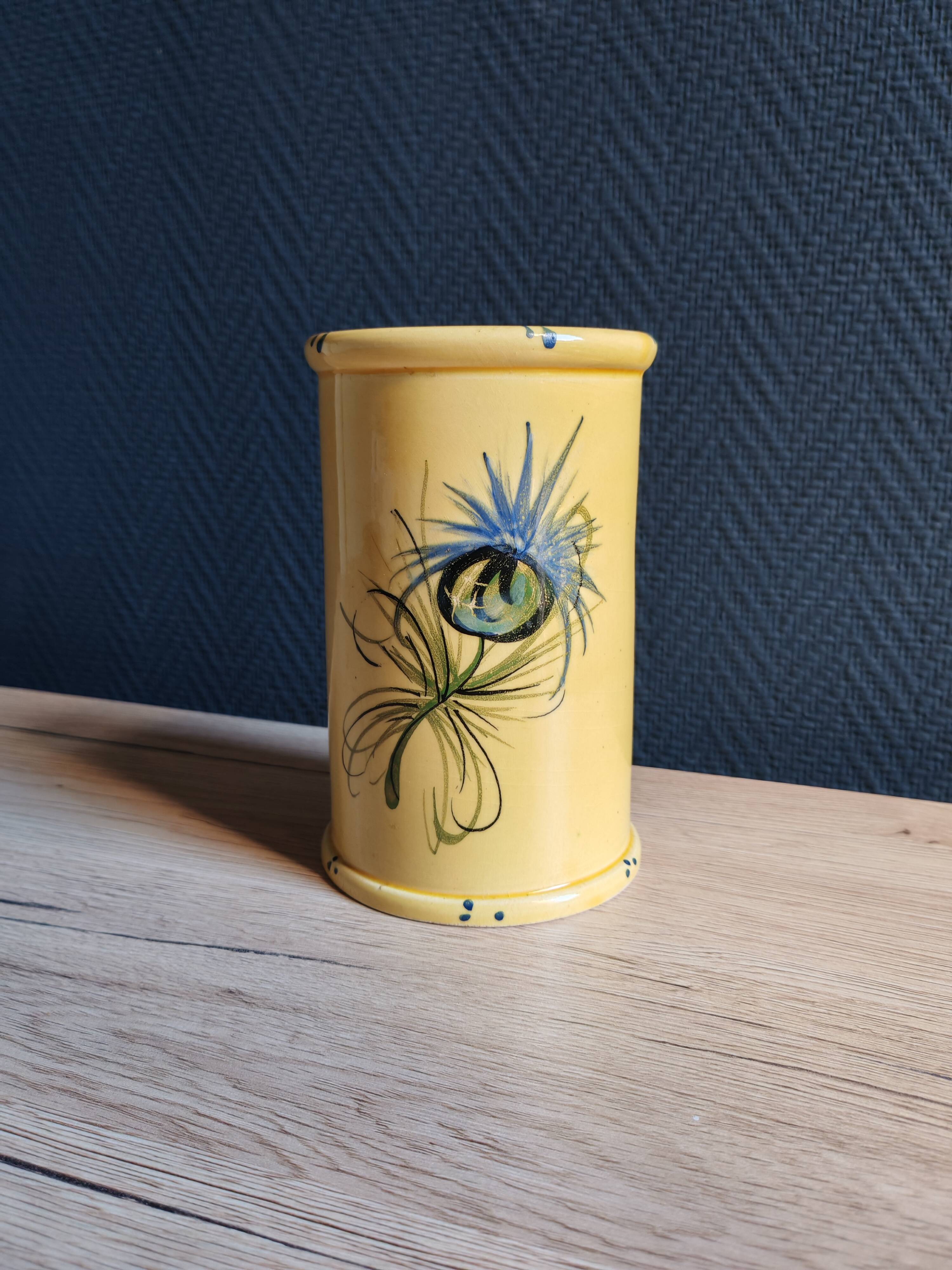 Vintage 1960s Vallauris Yellow Ceramic Vase, Blue Peacock Feather Decor