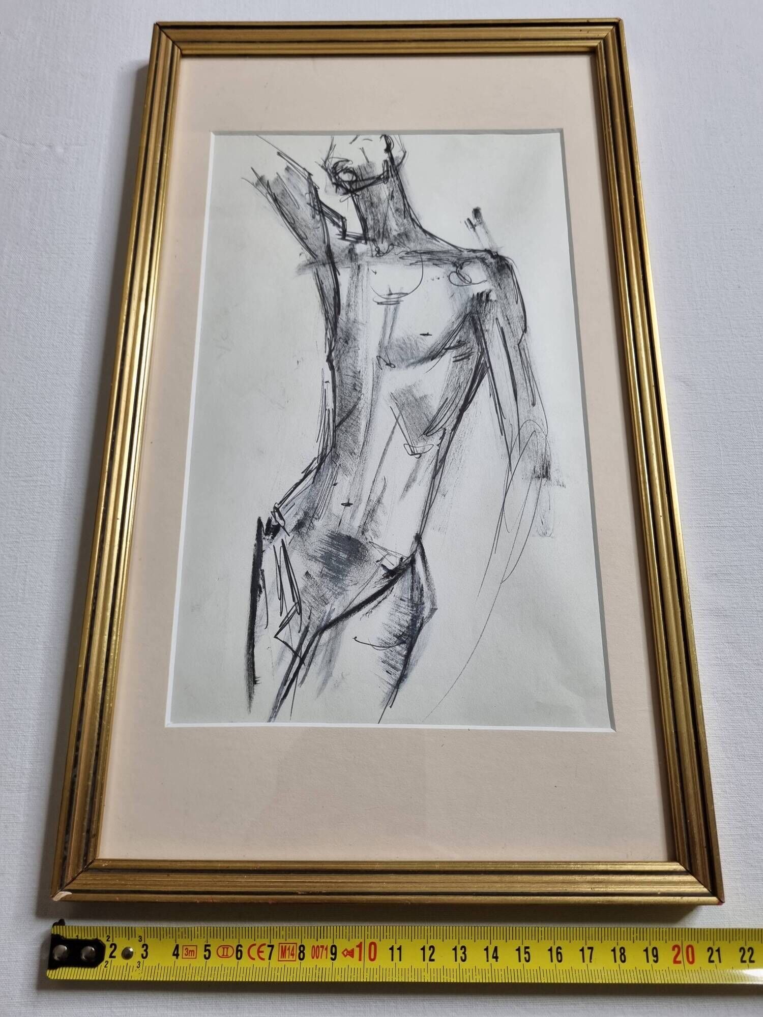 Charcoal study of a male nude, attributed to Maurice de Bus, gilded frame, 21 x 36 cm
