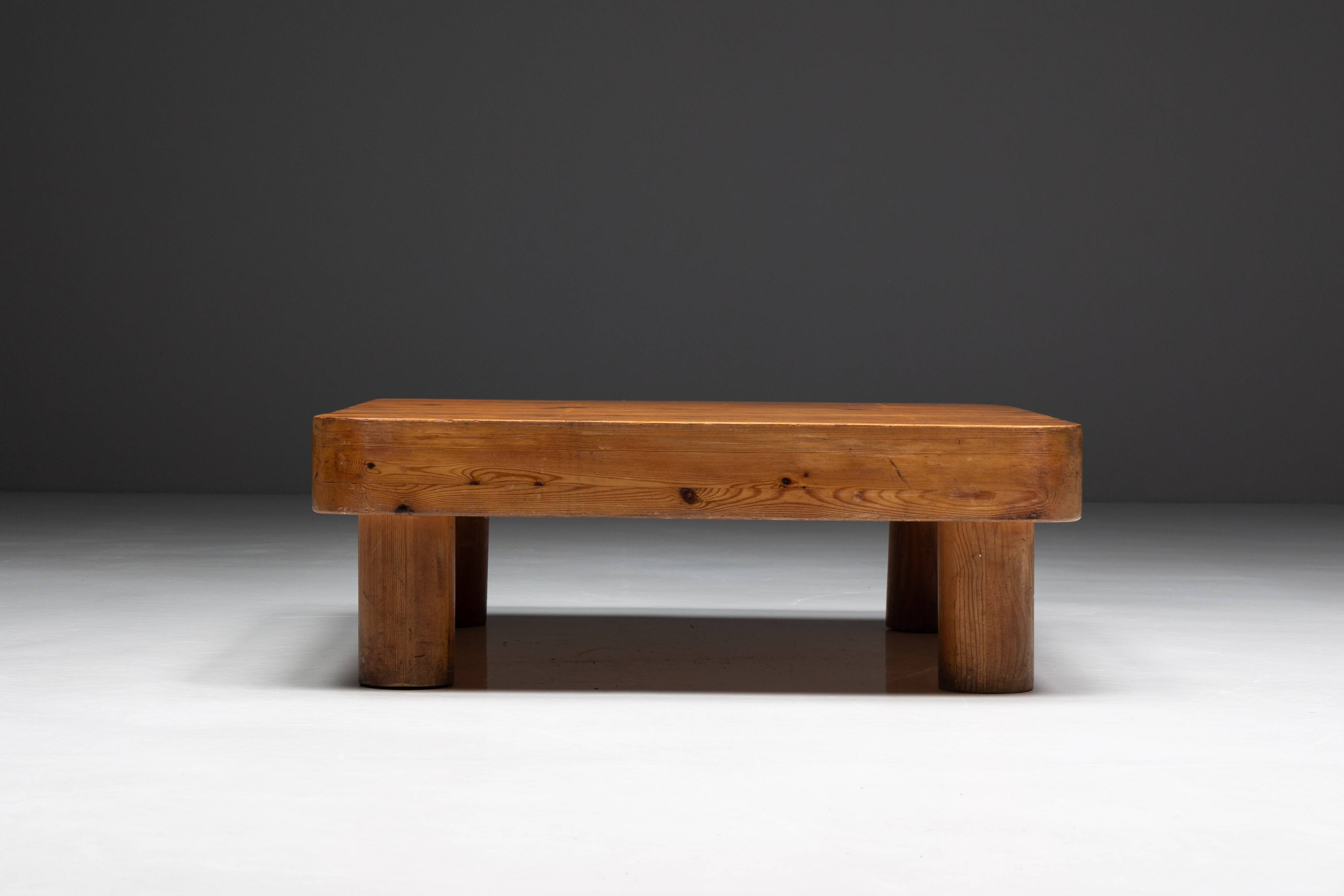 Brutalist pine low coffee table, France, 1960s