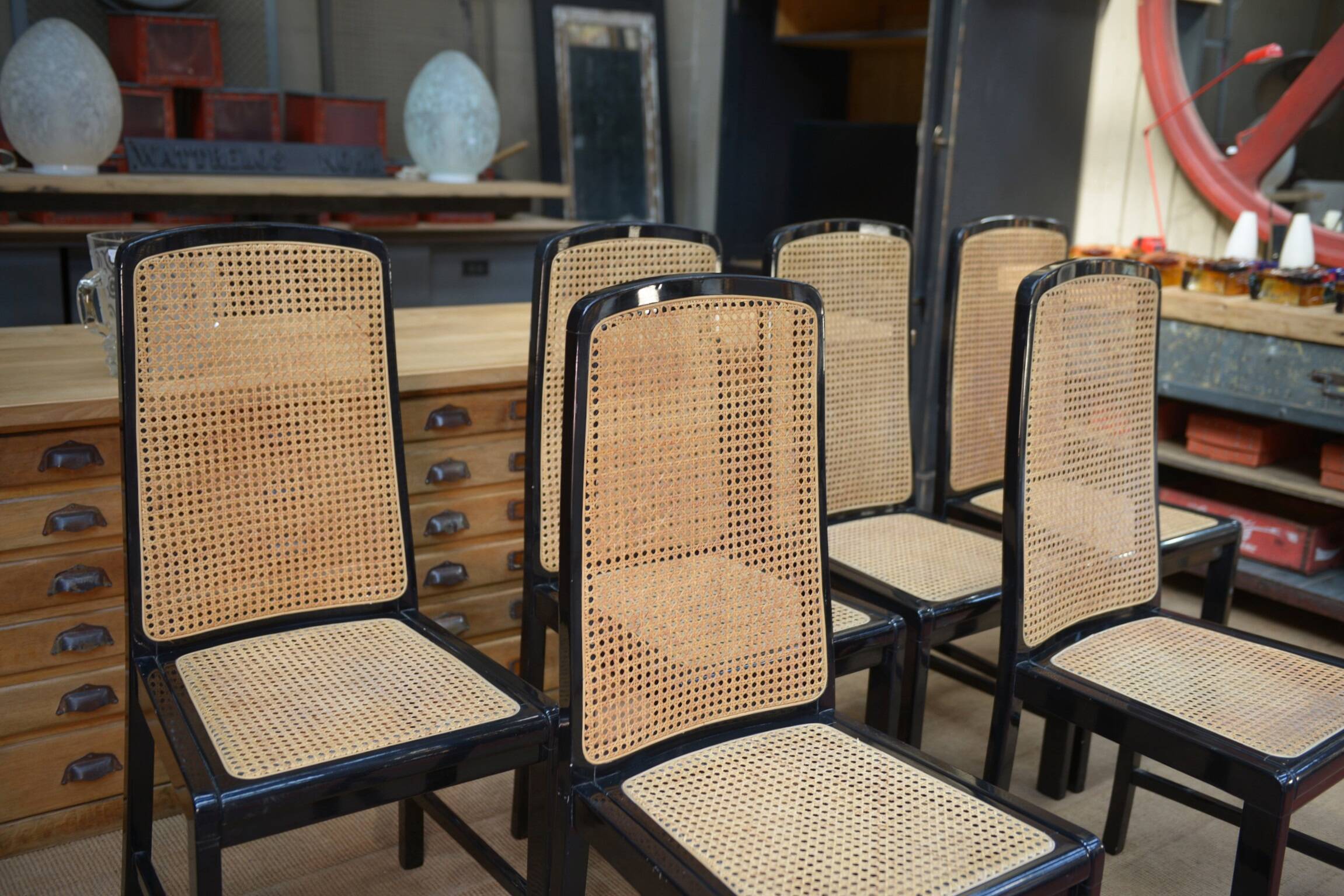 Set of 6 Vintage caned chairs in black lacquered wood, original 1970