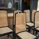 Set of 6 Vintage caned chairs in black lacquered wood, original 1970