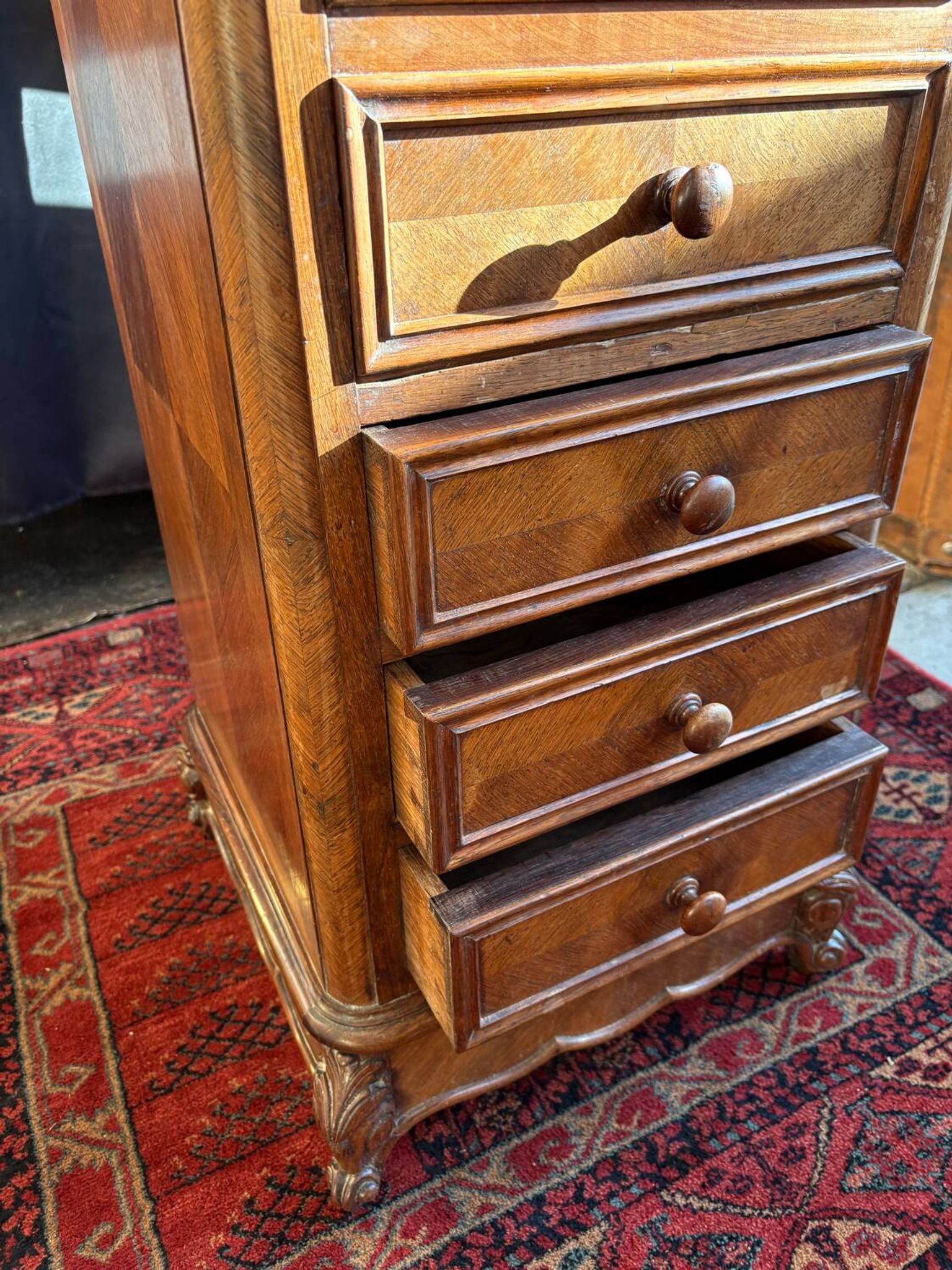 Antique Louis XV style bedside table, marble niche, marquetry, late 19th century