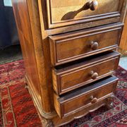 Antique Louis XV style bedside table, marble niche, marquetry, late 19th century