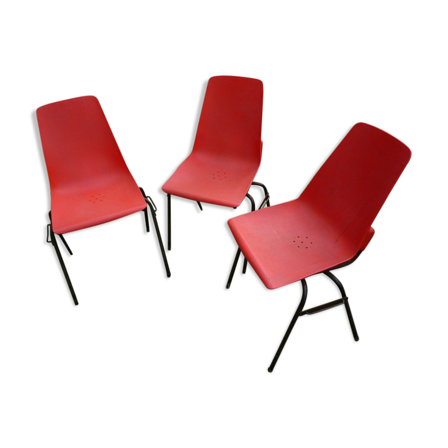 Lot de 3 chaises coque monobloc rouge "salle des fêtes" vintage 1970s