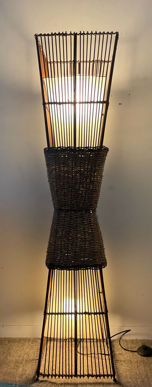 Vintage rattan and raffia floor lamp