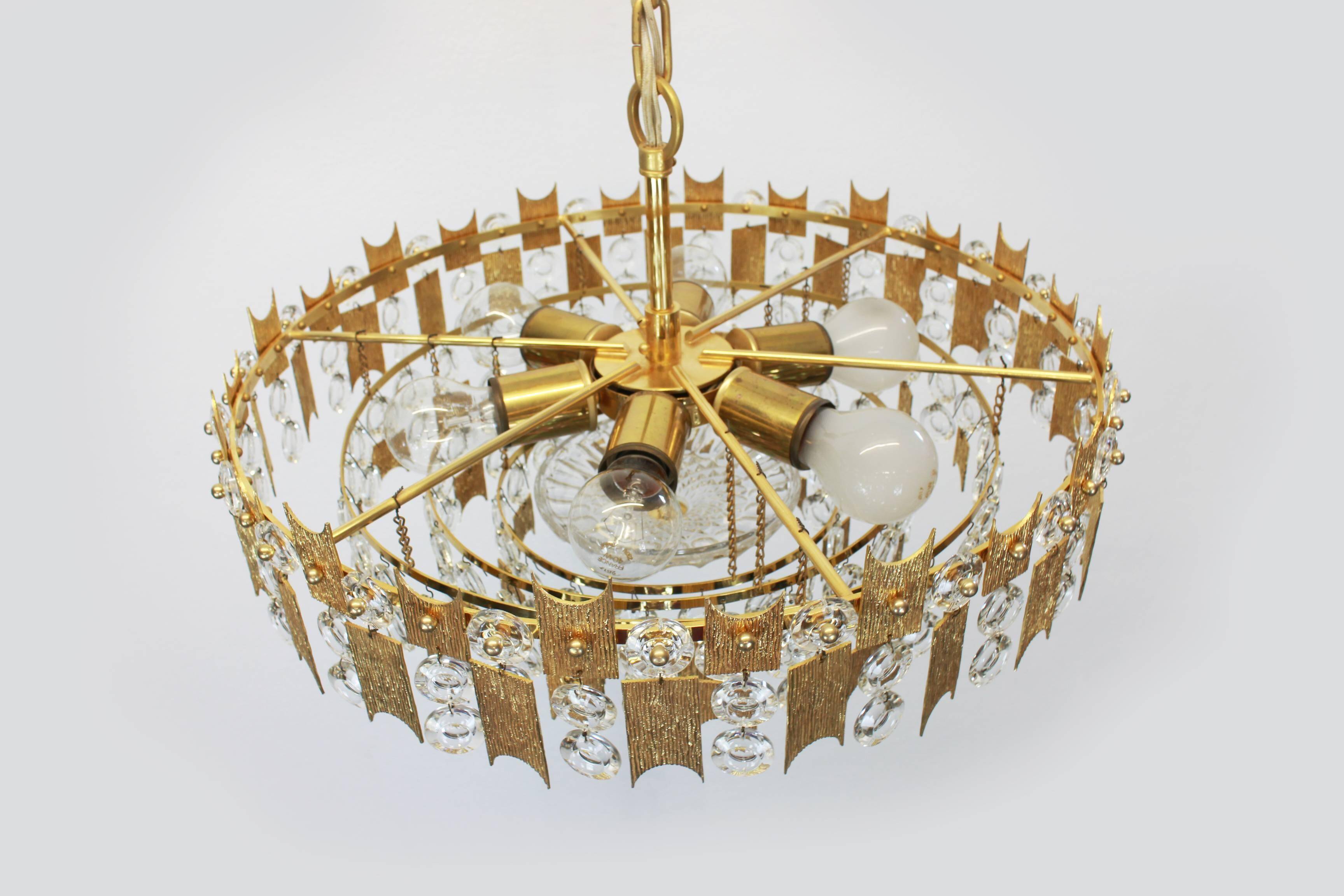 Chandelier in gilded brass and crystal glass by Palwa, Germany, 1960s.