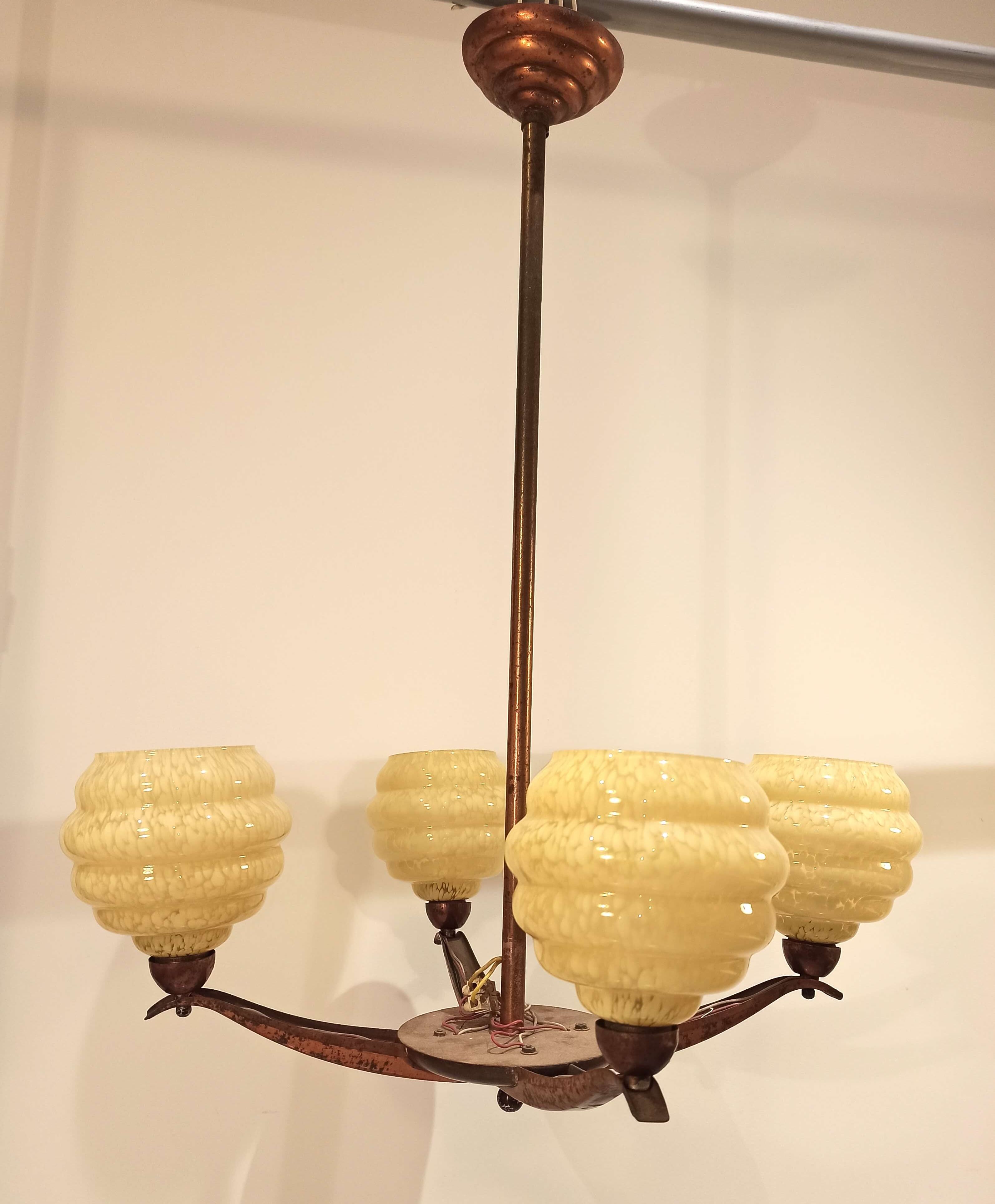 Art deco chandelier 4 globes clichy and copper glass