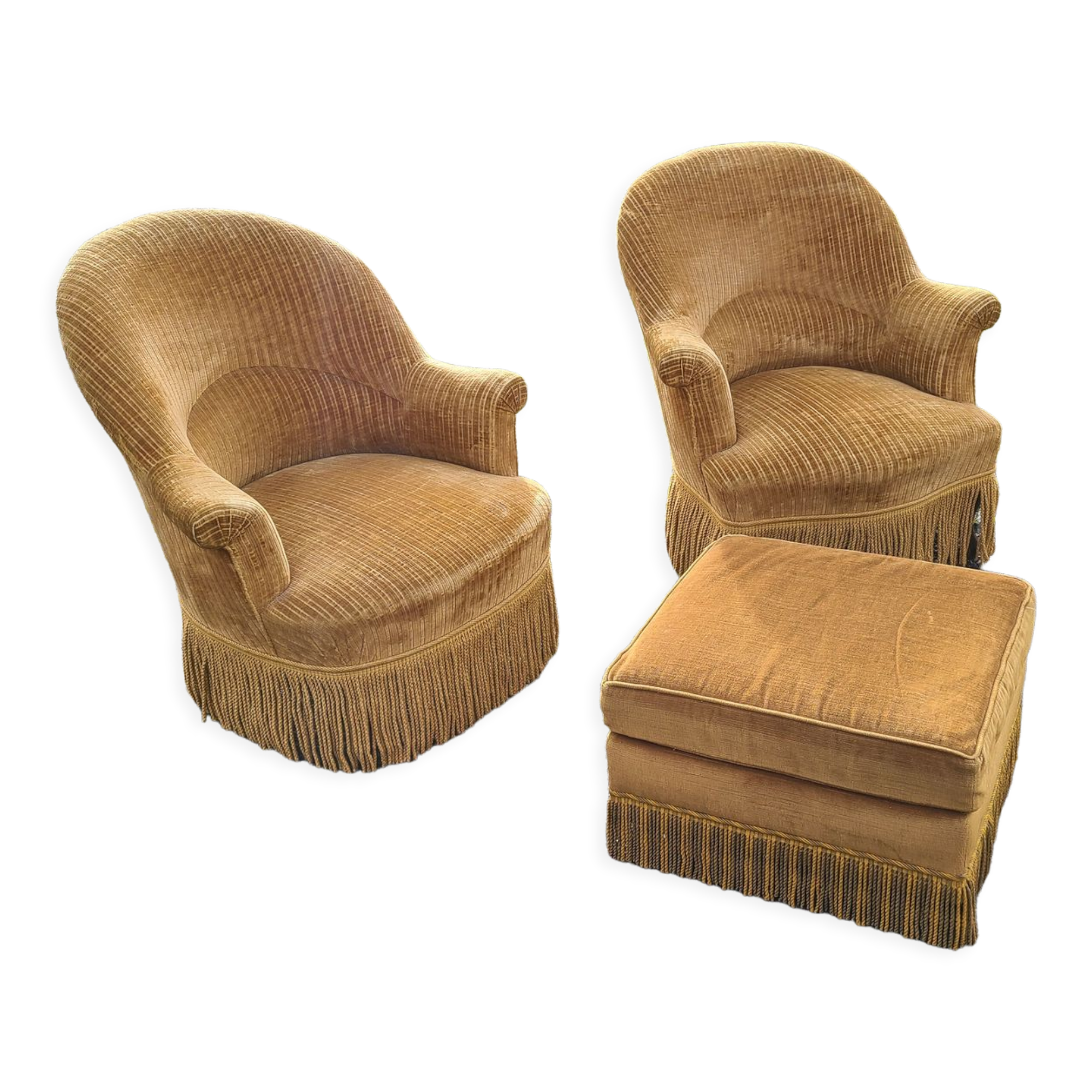 Set of toad armchairs and vintage yellow ottoman