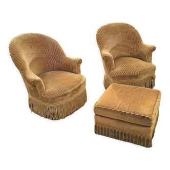 Ensemble de fauteuils crapaud et pouf jaune vintage