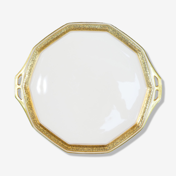 Art deco pie dish in white and golden Limoges porcelain
