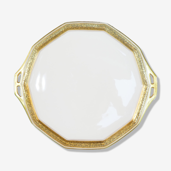 Plat a tarte art deco en porcelaine de Limoges blanche et doré