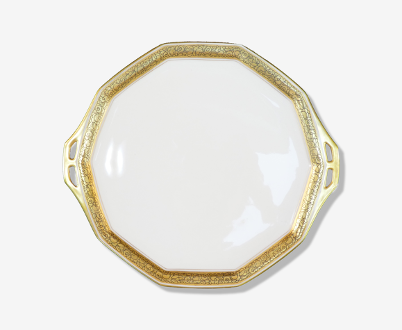 Plat a tarte art deco en porcelaine de Limoges blanche et doré