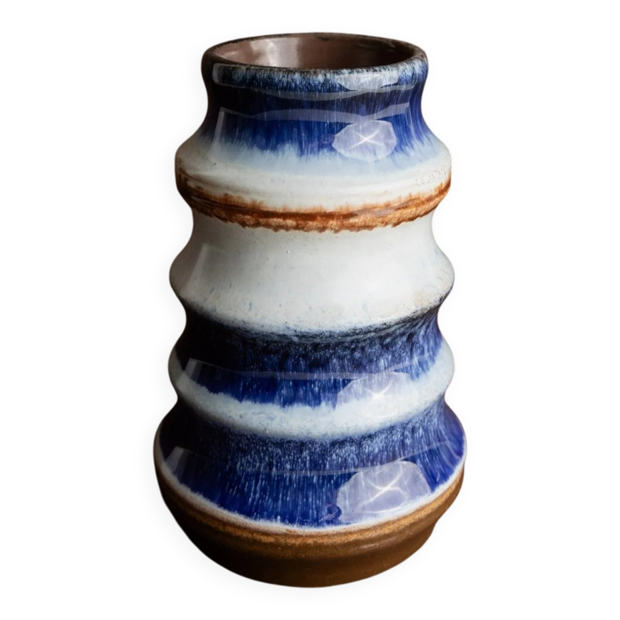 Blue and White Striped Ceramic Vase by Strehla – German Mid-Century, 1960s