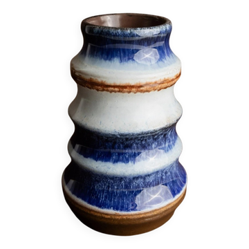Blue and White Striped Ceramic Vase by Strehla – German Mid-Century, 1960s