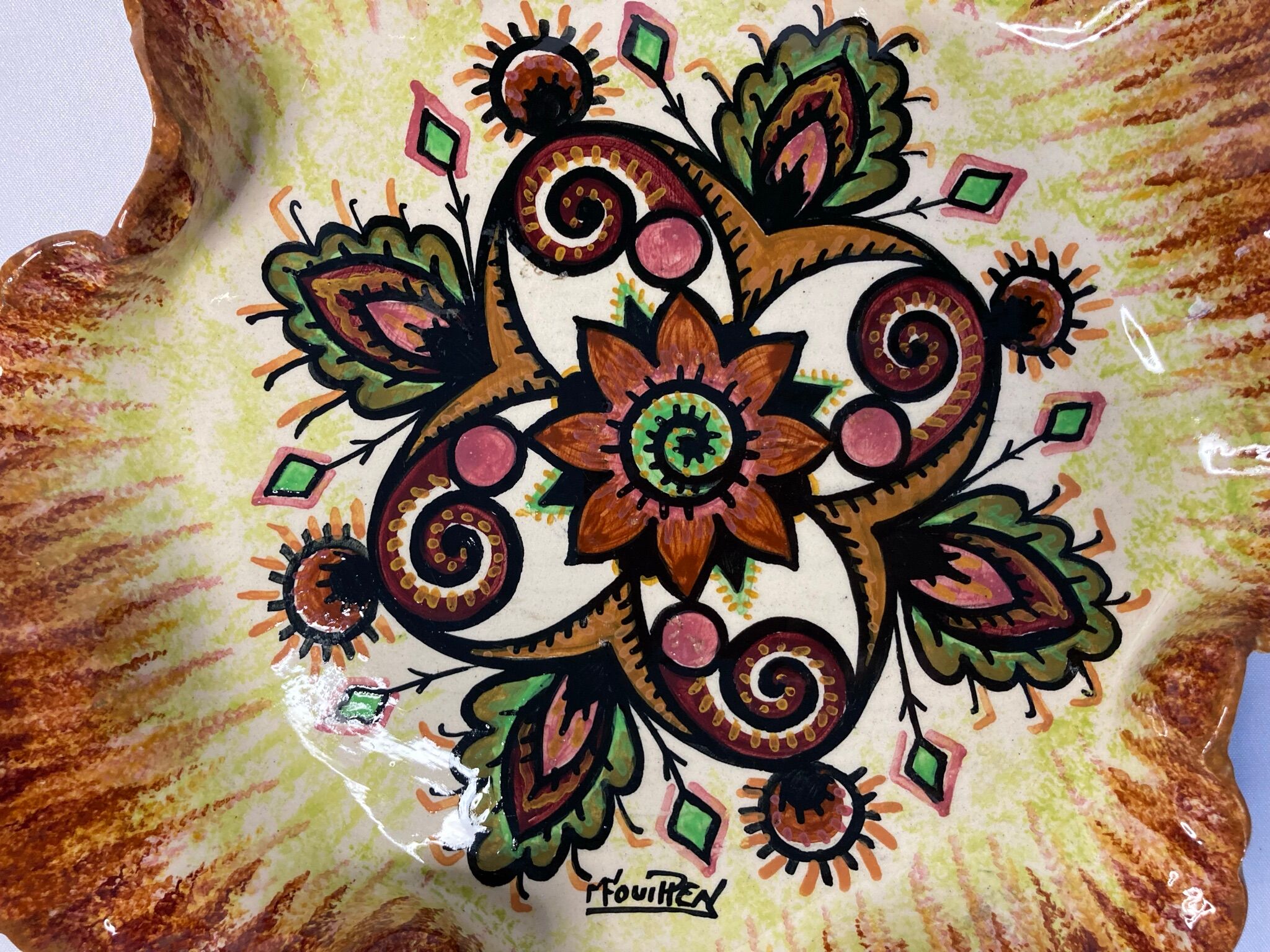 Vintage earthenware dish Quimper Fouillen floral decoration around 1950