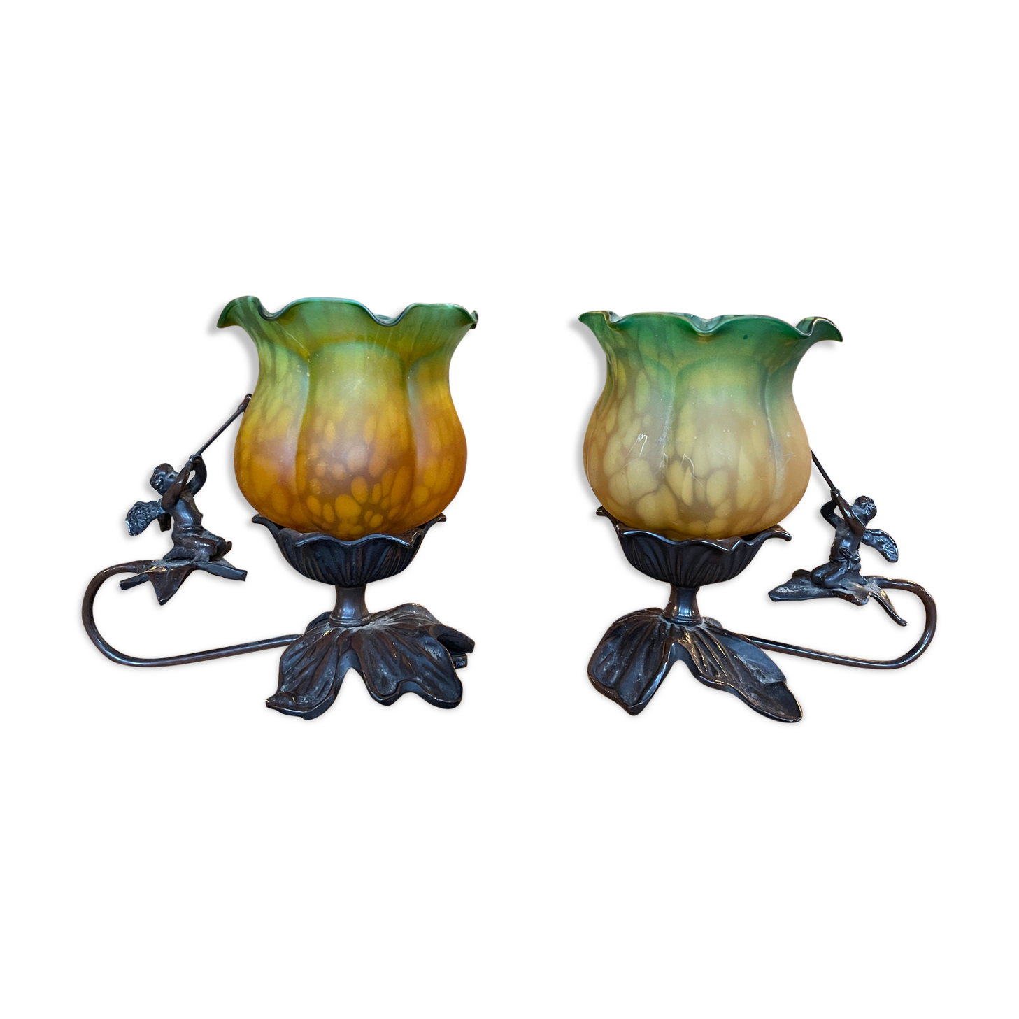 Pair of lamps cherubs bronze vintage glass paste