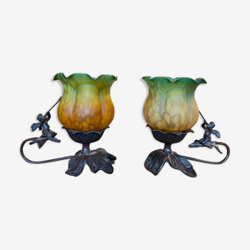 Pair of lamps cherubs bronze vintage glass paste