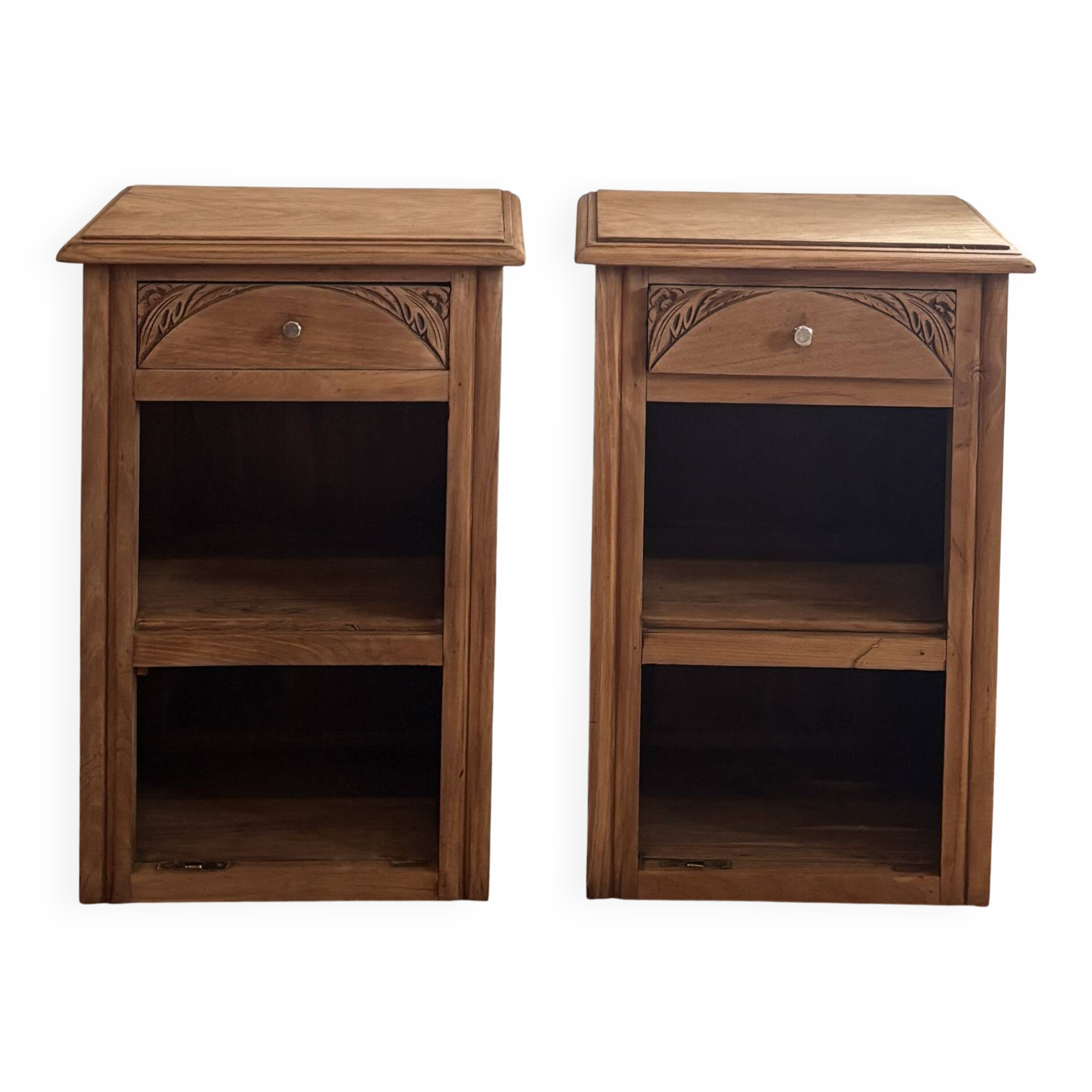 Pair of antique bedside tables / nightstands in raw solid oak.