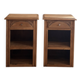 Pair of antique bedside tables / nightstands in raw solid oak.