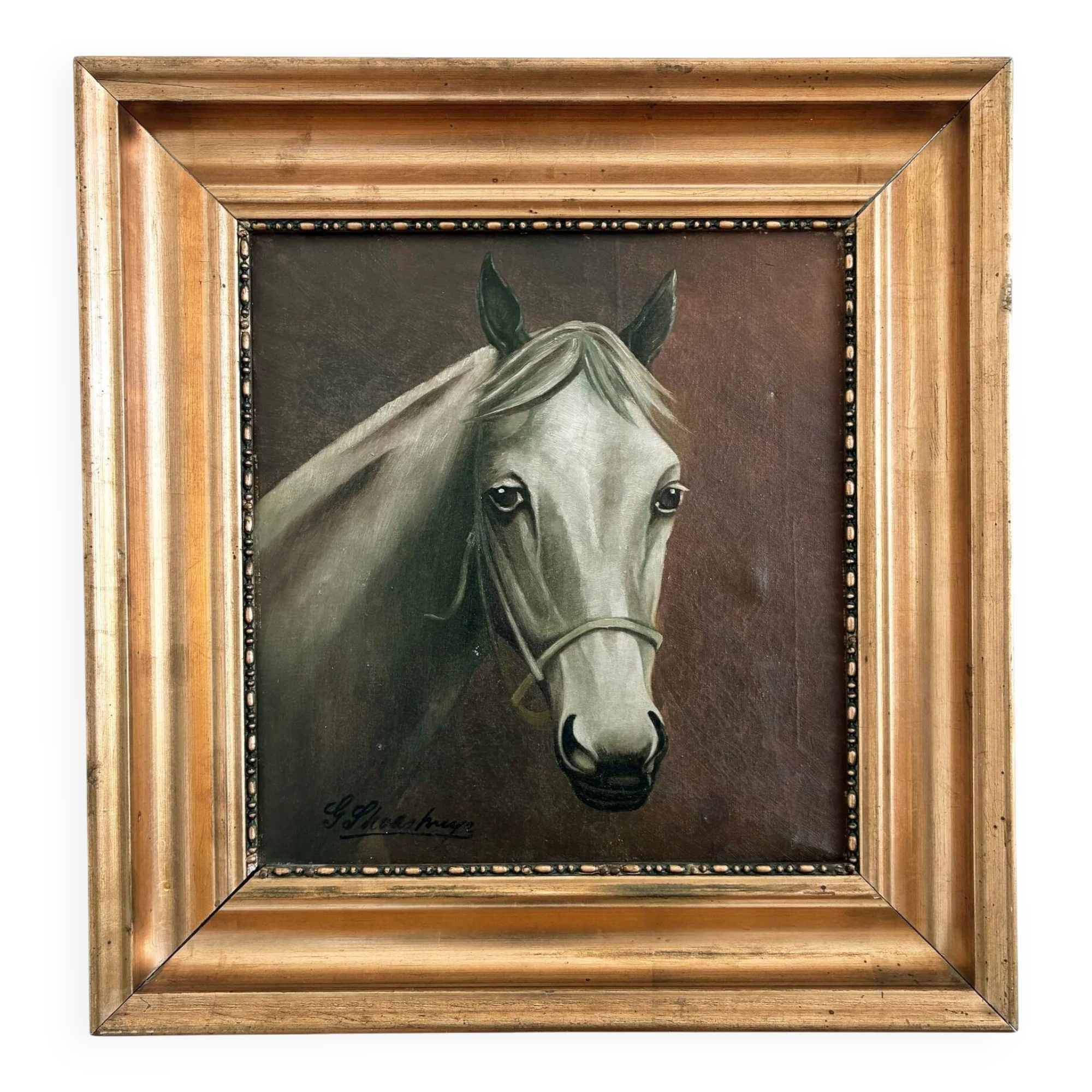 Peinture à l'huile vintage originale de cheval blanc, portrait équestre signé.