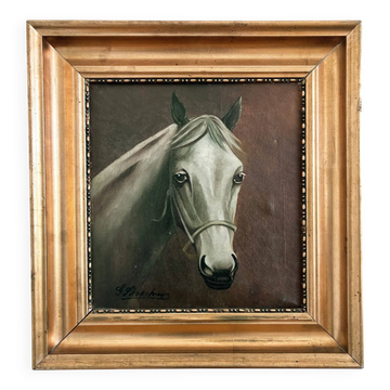 Vintage original white horse oil painting, signed equestrian portrait