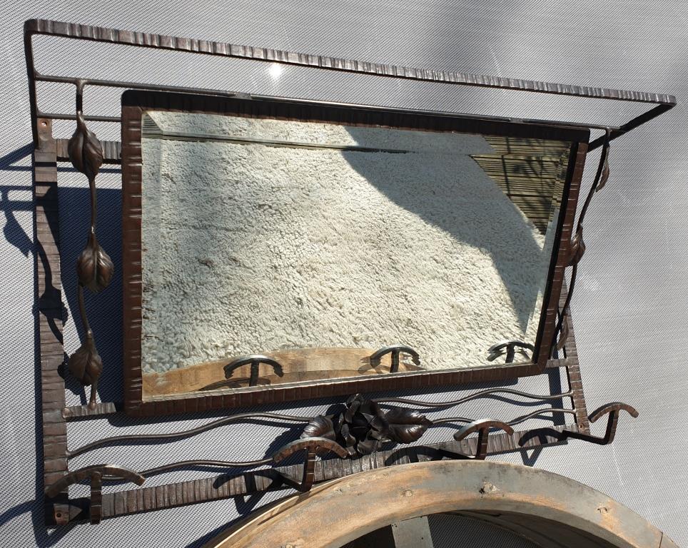 Wall coat rack Art Deco 1930 wrought iron 4 hooks and beveled mirror