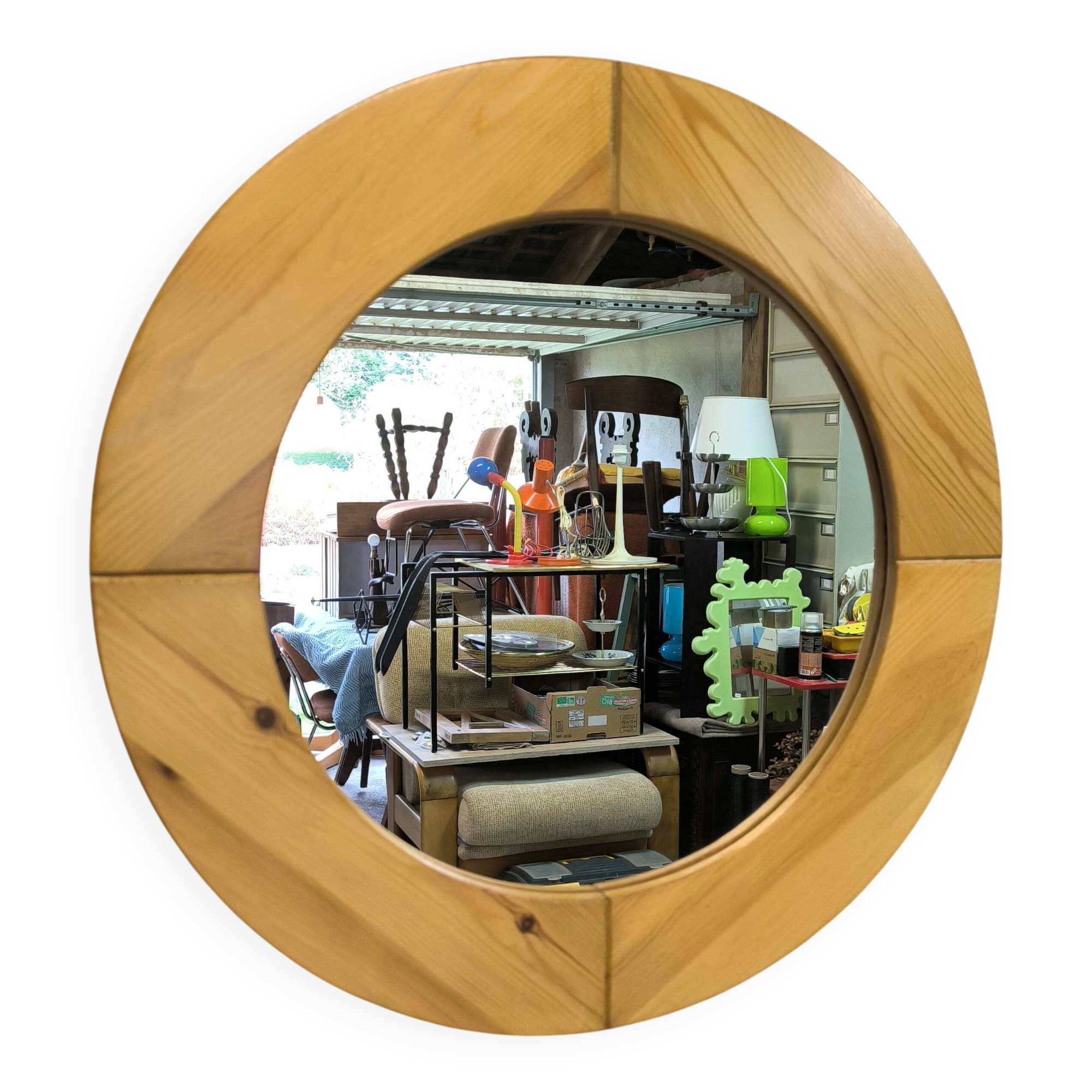 Large round vintage pine mirror