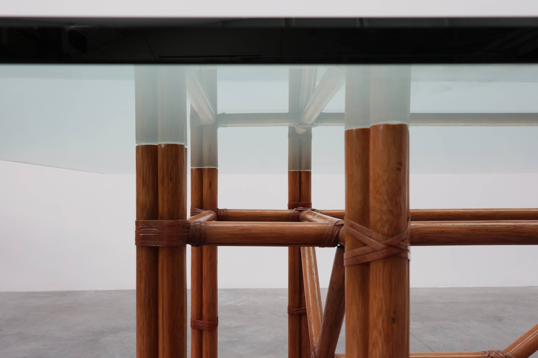 Large monumental bamboo dining table with glass top by Gasparucci, Italy