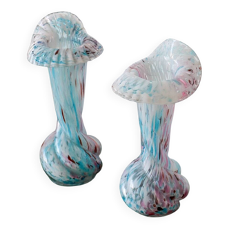 Pair of Clichy glass vases, blue, pink, old
