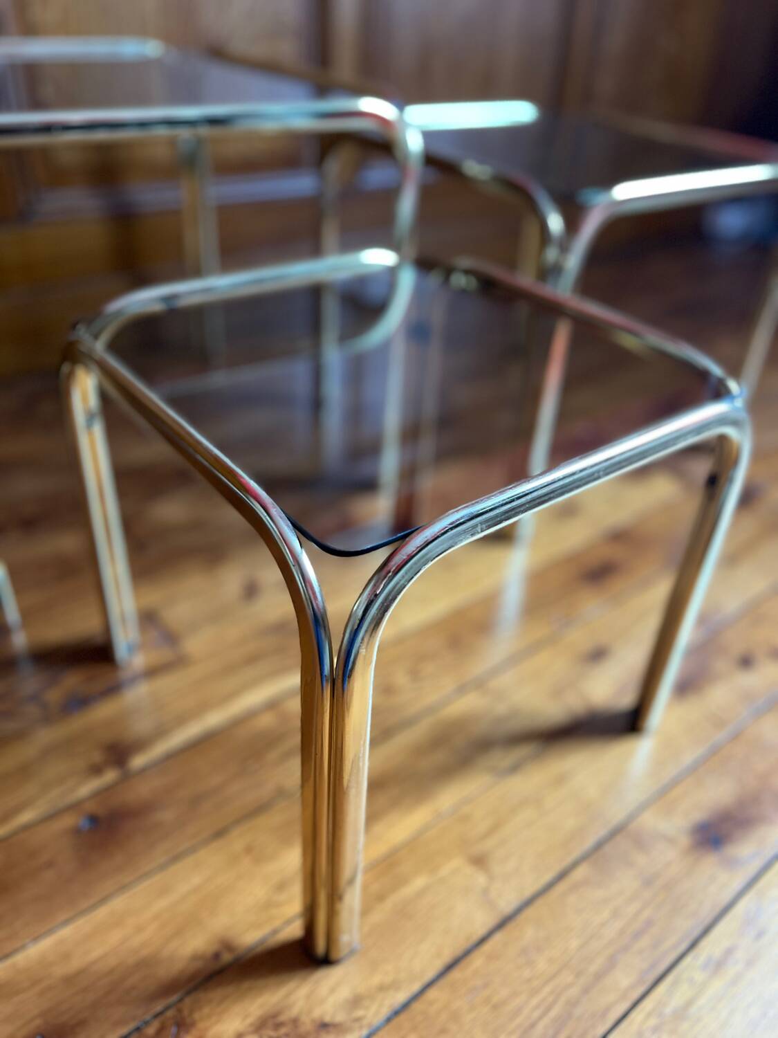 Set of 3 square nesting tables 1970 brown smoked glass