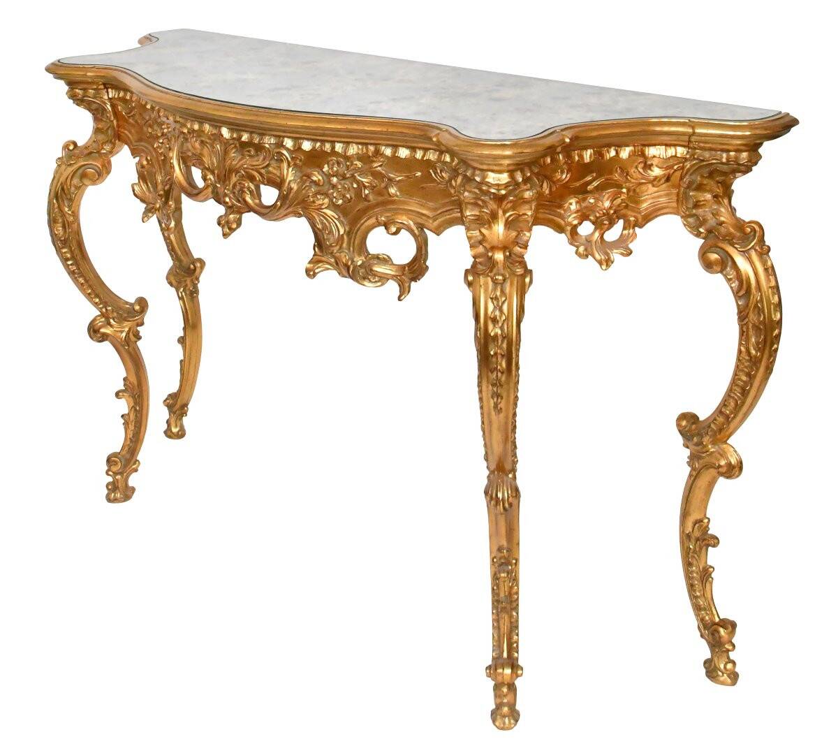 Console with a gilded wood mirror in Rococo style.