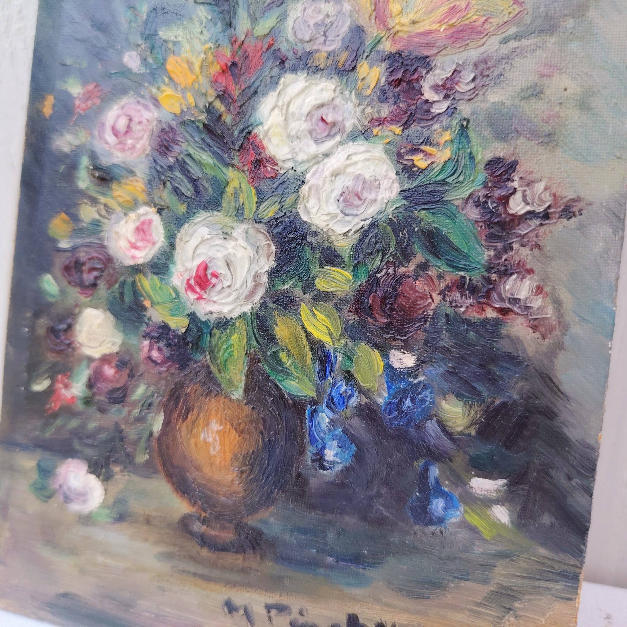 Huile sur panneau, bouquet de fleurs, Pinot Vialet
