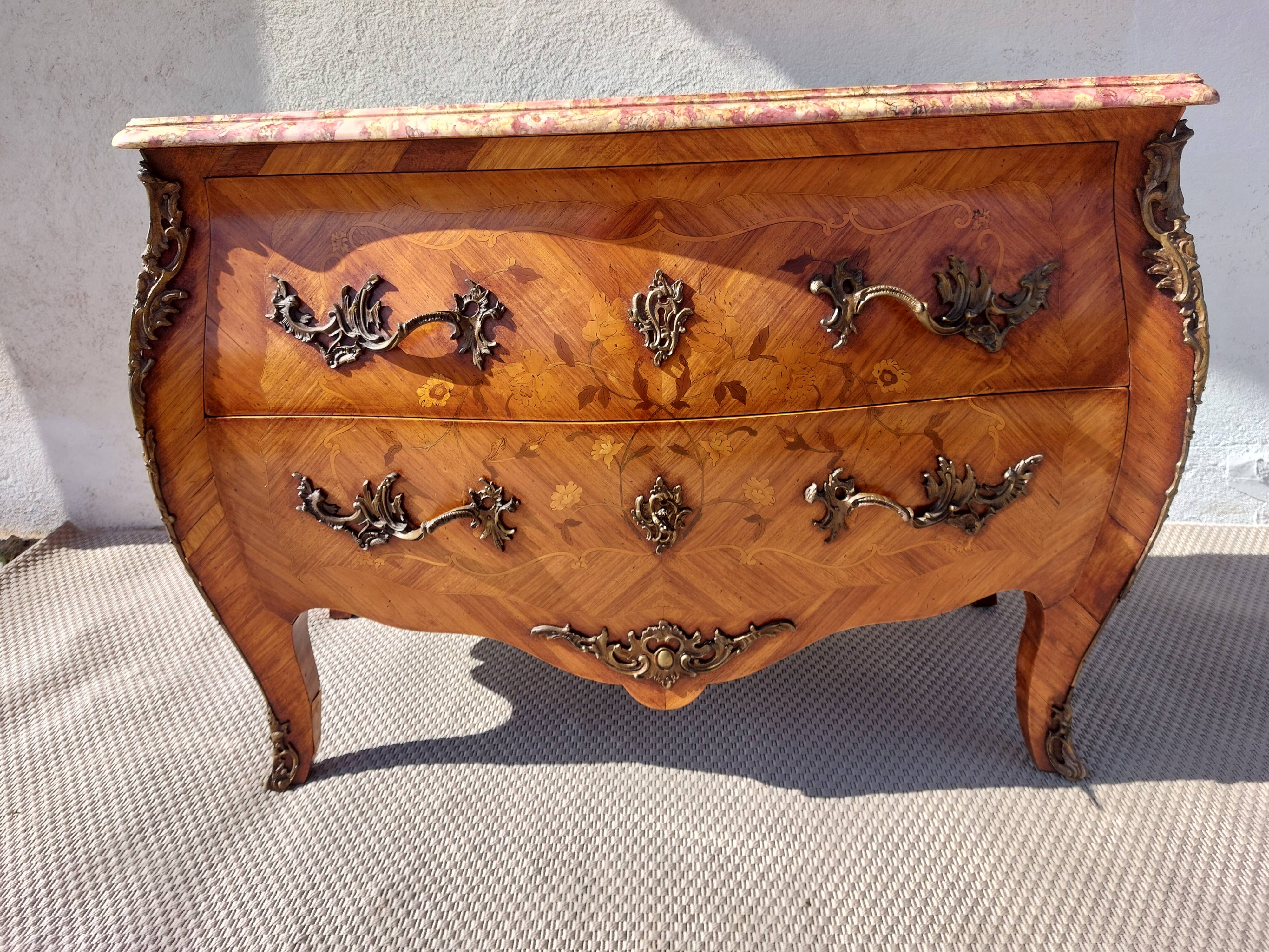 Louis XV style commode, inlaid with rosewood, marble top.