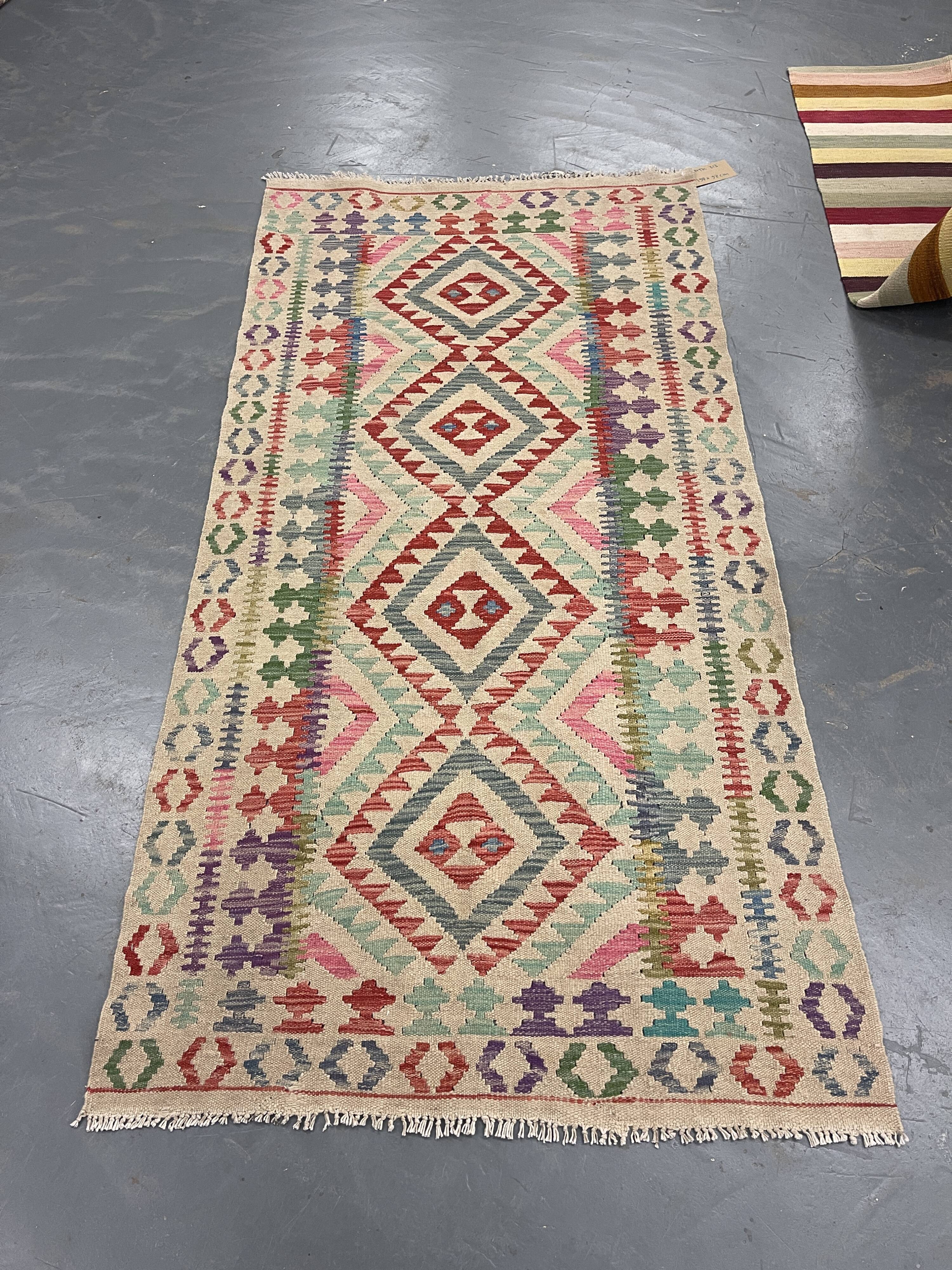 Pink Beige Geometric Kilim Runner Rug 198 x 98 cm