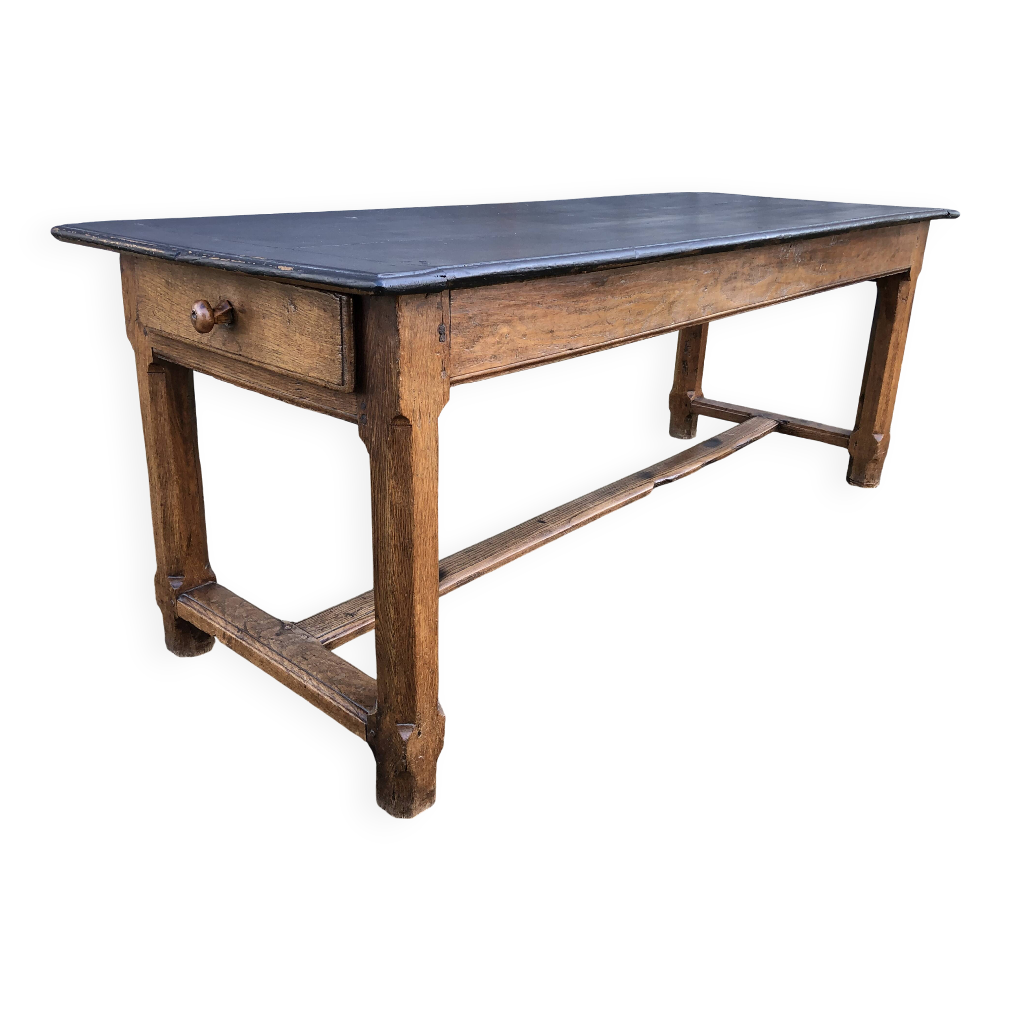 Antique oak farmhouse table with cat bar and 2 end drawers
