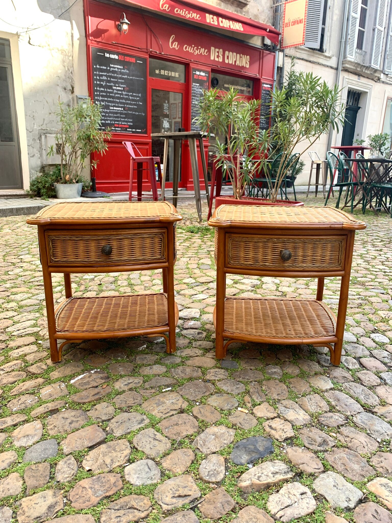Set de 2 chevets vintage en rotin