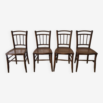 Ensemble de 4 chaises bistrot en bois tourné et cannage estampillées début xxème