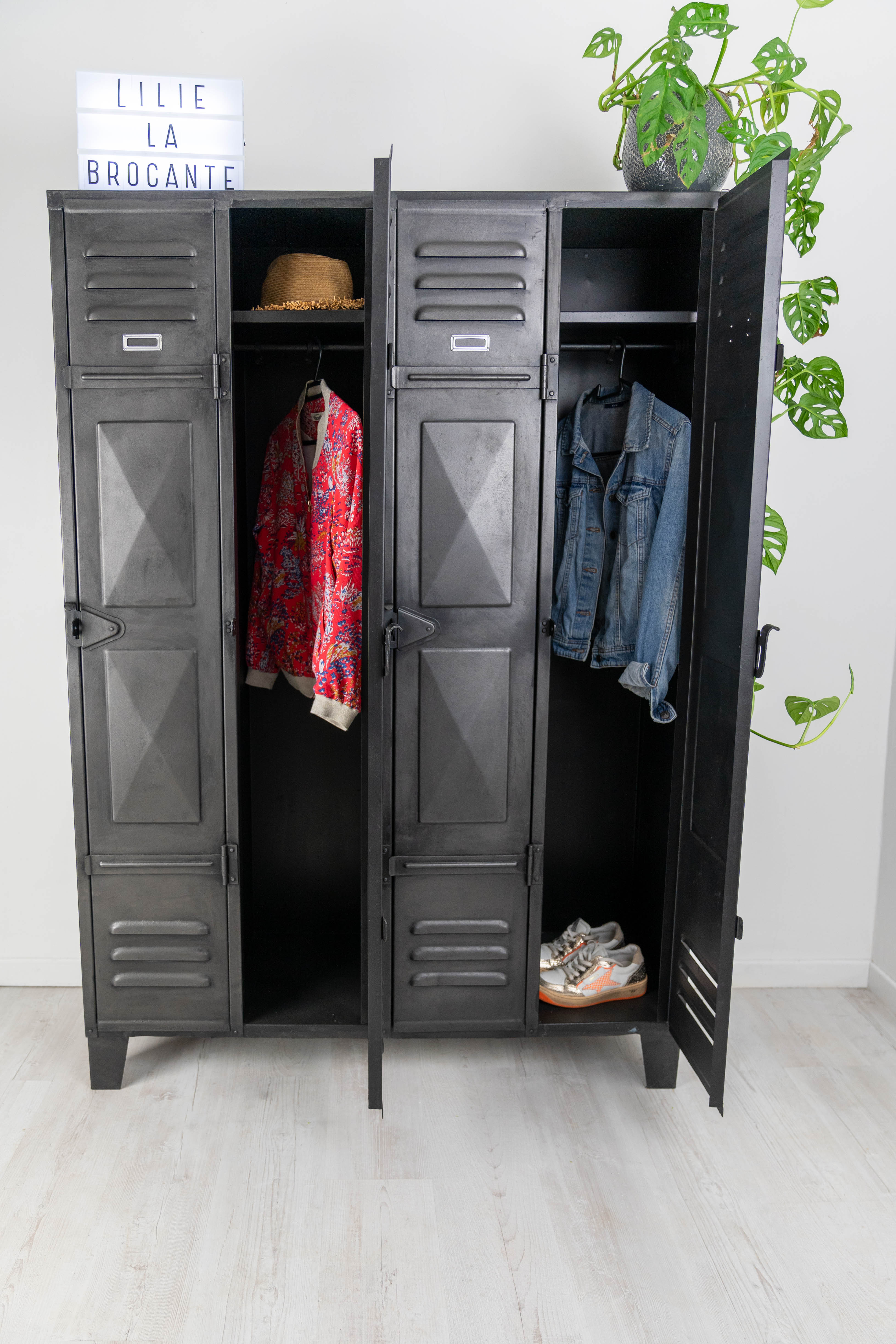 Very nice vintage metal industrial cloakroom with diamond-tipped doors